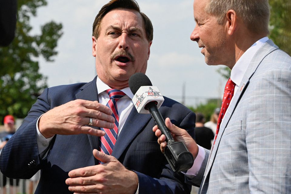 Mike Lindell speaks to the media ahead of former US president Donald Trump's rally in Youngstown, Ohio, on September 17, 2022. REUTERS/Gaelen Morse/File Photo