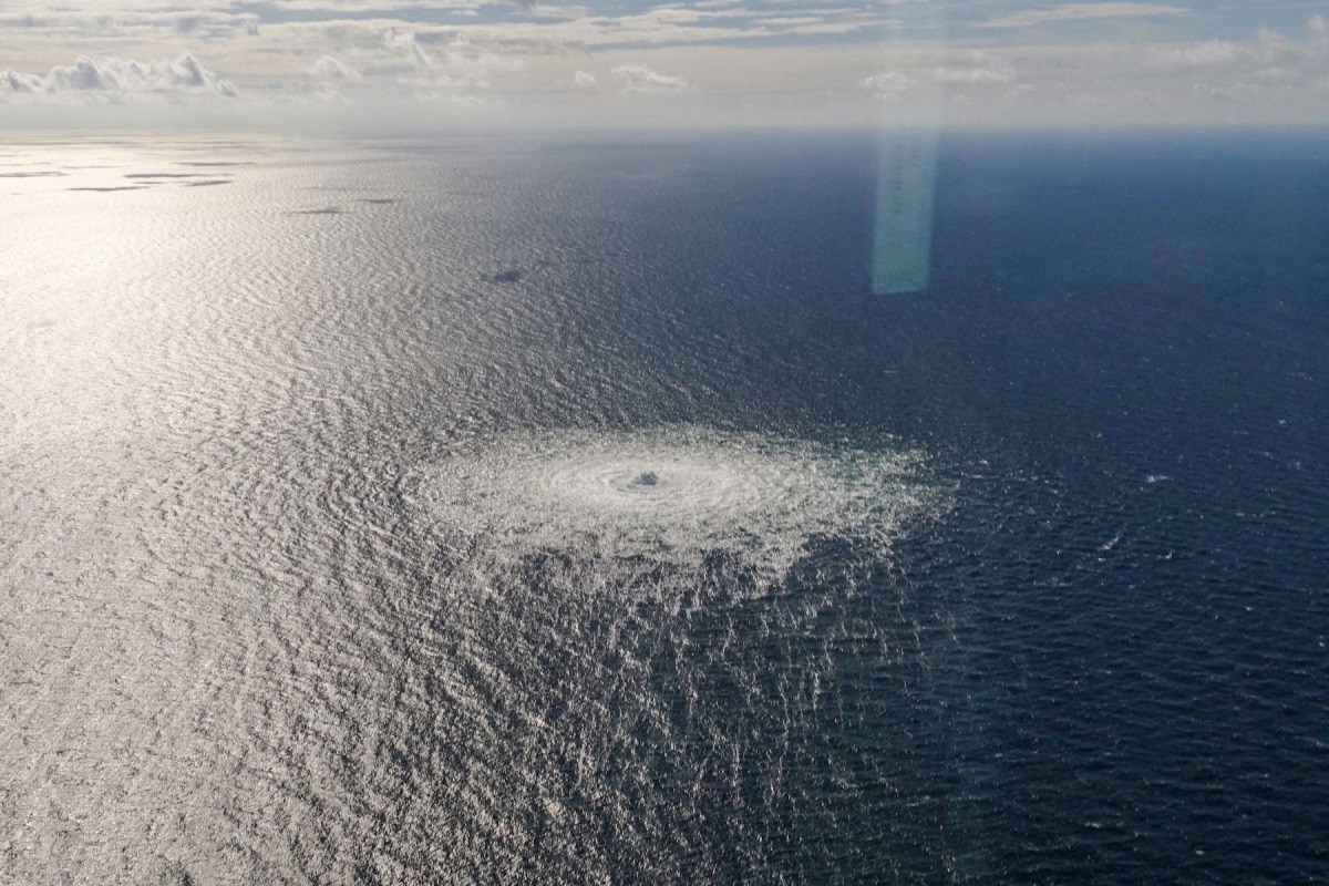 Gas leak at Nord Stream 2 as seen from the Danish F-16 interceptor on Bornholm, Denmark, on September 27, 2022. (Danish Defence Command/Forsvaret Ritzau Scanpix/via REUTERS)