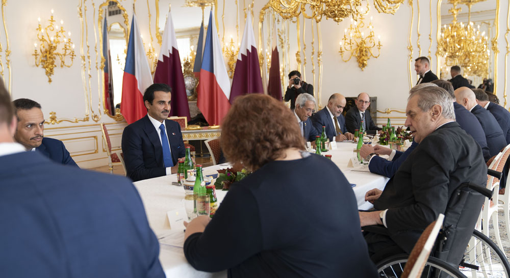 Amir H H Sheikh Tamim bin Hamad Al Thani during talks with President of the Czech Republic H E Milos Zeman at the presidential residence in Prague Castle, Prague, yesterday. 