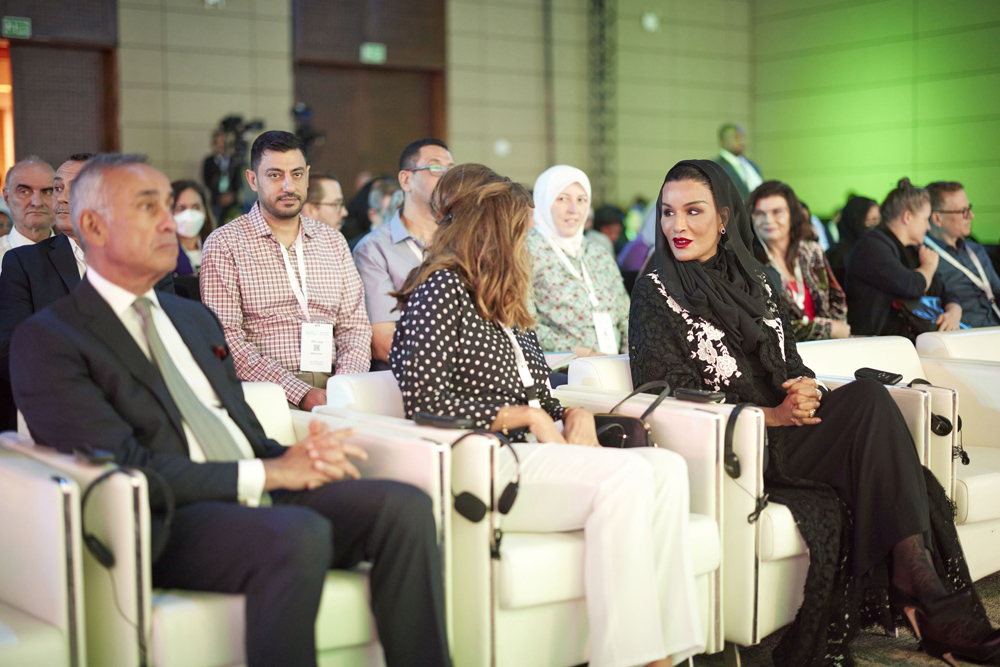 H H Sheikha Moza bint Nasser (third left), Chairperson of Qatar Foundation, during a panel discussion at WISH 2022 summit.