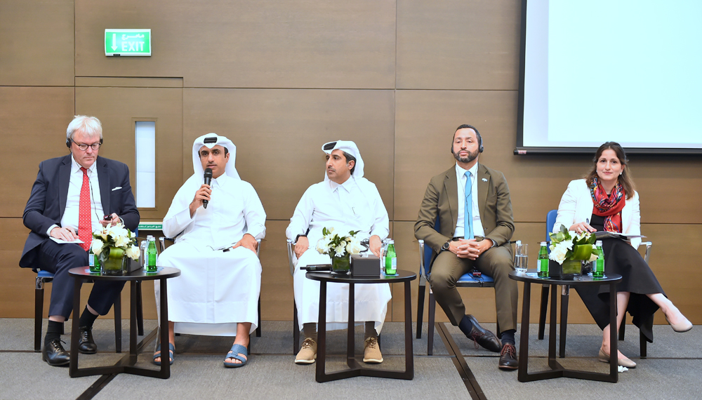 Assistant Undersecretary for Labour Affairs at the Ministry of Labour Mohammed Hassan Al Obaidli (second left) and other officials at an event organised by ILO in Doha on Sunday. 