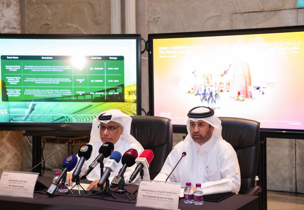 Katara General Manager Prof Dr. Khalid bin Ibrahim Al Sulaiti (right), and Katara's Director of Cultural Affairs and Events Khalid Al Sayed addressing a press conference yesterday.  