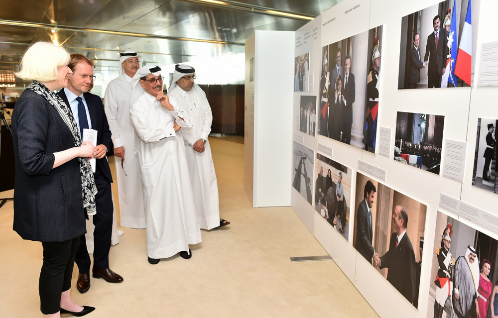 Minister of State and President of Qatar National Library H E Dr. Hamad bin Abdulaziz Al Kawari and Ambassador of France to Qatar H E Jean Baptiste Faivre with other dignitaries during a preview of the exhibition  ‘Qatar-France: 50 Years of Friendship’ at the Qatar National Library, yesterday. PIC: Abdul Basit 