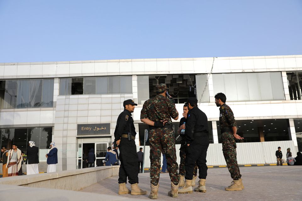 Security officers stand outside the departures lounge at Sanaa Airport, in Sanaa, Yemen on May 16, 2022. File Photo / Reuters