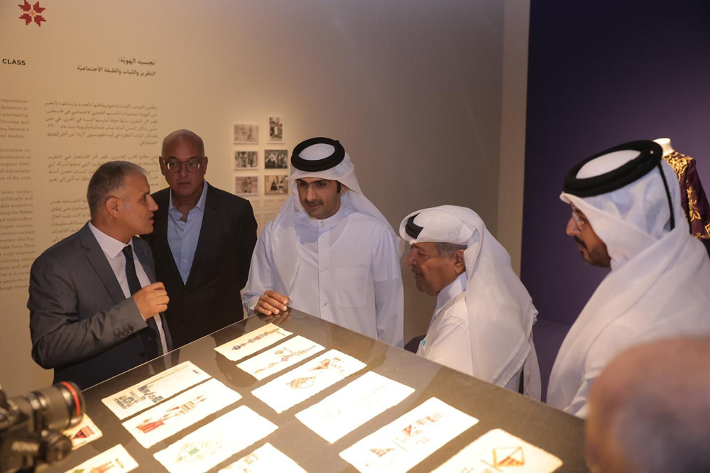 Minister of Culture H E Sheikh Abdulrahman bin Hamad Al Thani with other officials during the opening of the exhibition in Katara. 