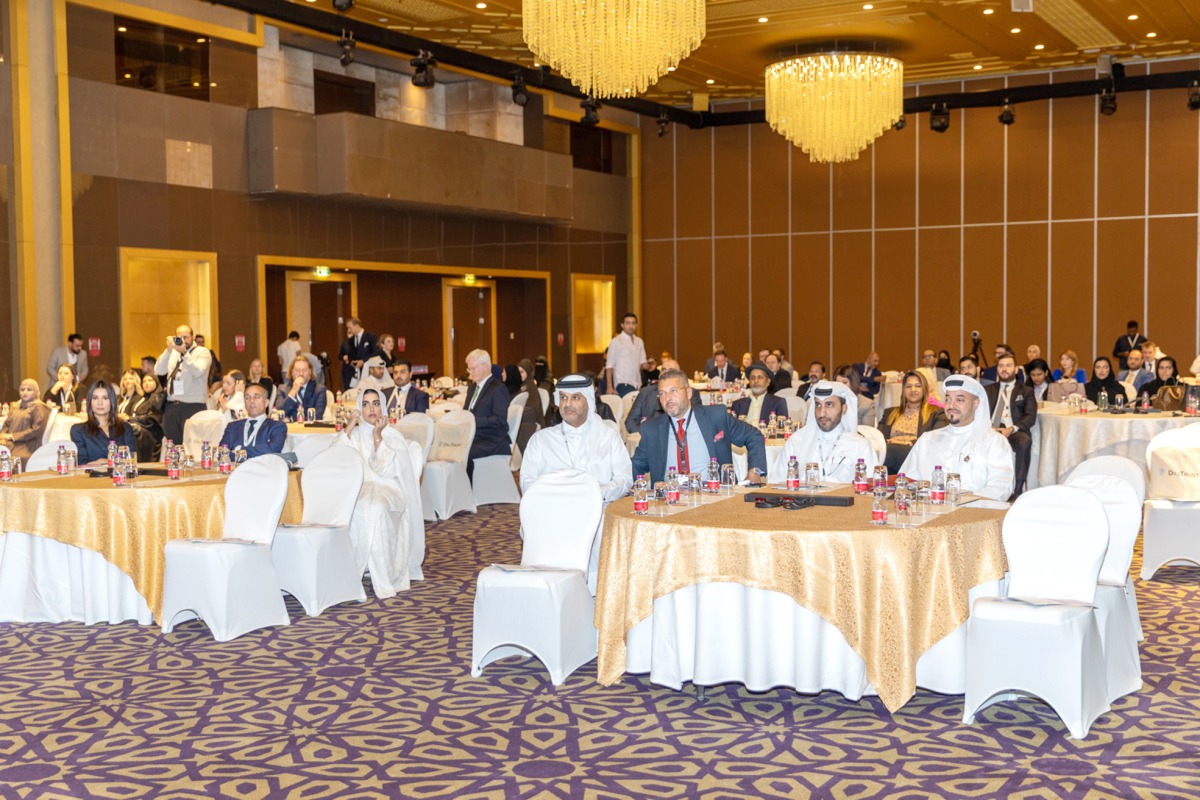 Director of Legal Affairs at MoCI Hilal Al Khulaifi (1st right), QICCA Board Member for International Relations Sheikh Dr. Thani bin Ali Al Thani (1st left), QICDRC CEO Faisal Rashid Al Sahouti (2nd right), with other officials during the 7th Qatar Business Law Forum Conference 2022 held at the Grand Hyatt Doha Hotel, yesterday.
