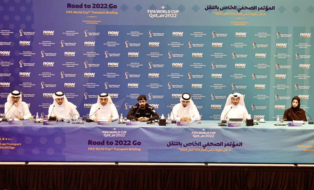 Officials from the Ministry of Interior, Ministry of Transport, Supreme Committee for Delivery and Legacy, Ashghal, Qatar Rail, and Mowasalat addressing the press conference yesterday.  Pic: Mohd Farag