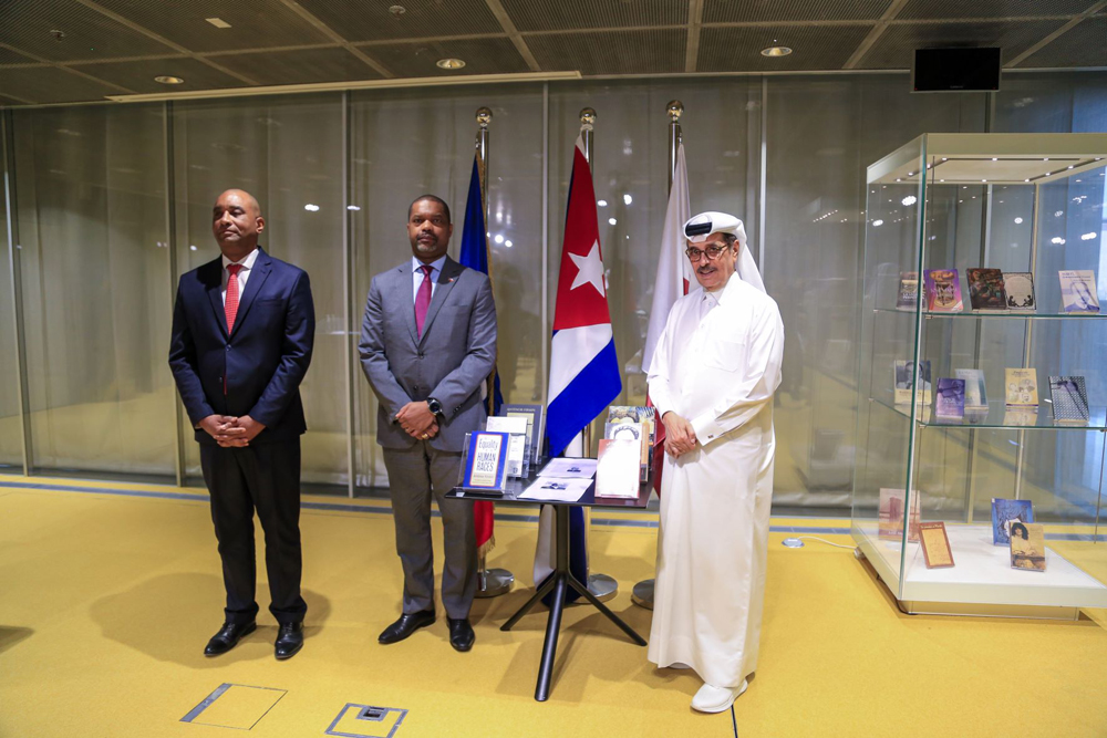 Minister of State and President of Qatar National Library H E Dr. Hamad bin Abdulaziz Al Kawari (first right) with Ambassador of Cuba to Qatar Oscar Leon Gonzalez (first left) and Ambassador of Haiti to Qatar Jean-Marie François Guillaume II.