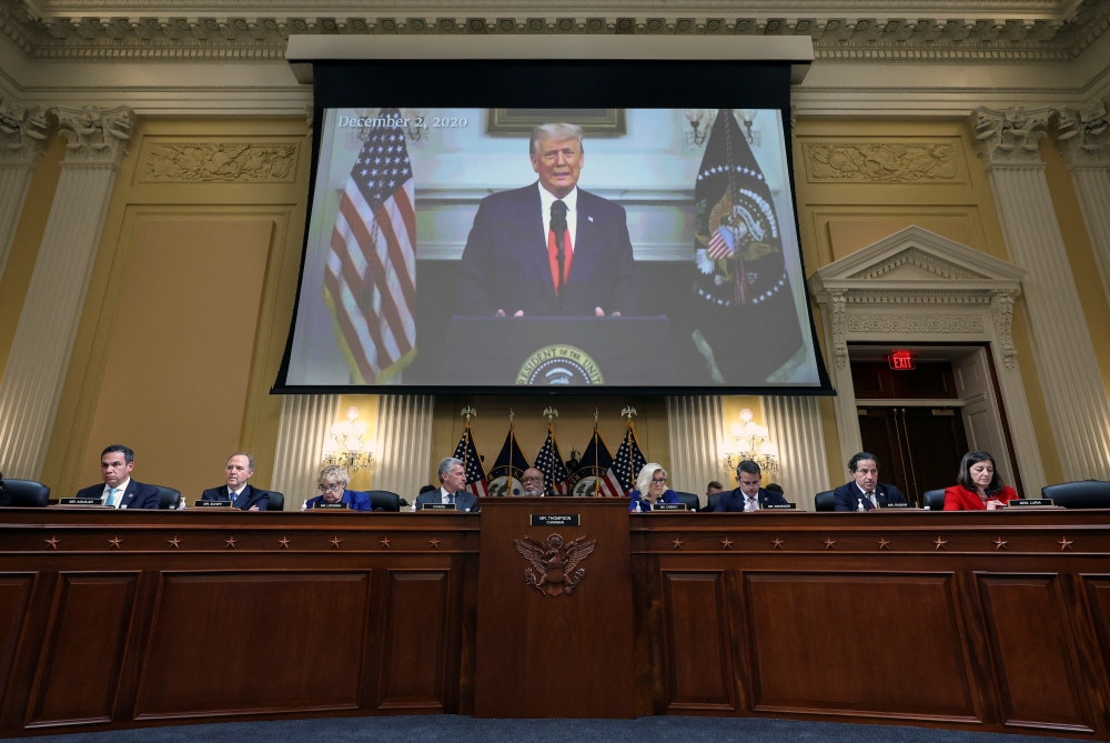 A video of former US President Donald Trump is played during a public hearing of the US House Select Committee to investigate the January 6 Attack on the US Capitol, on Capitol Hill in Washington, US, on October 13, 2022. Alex Wong/Pool via REUTERS