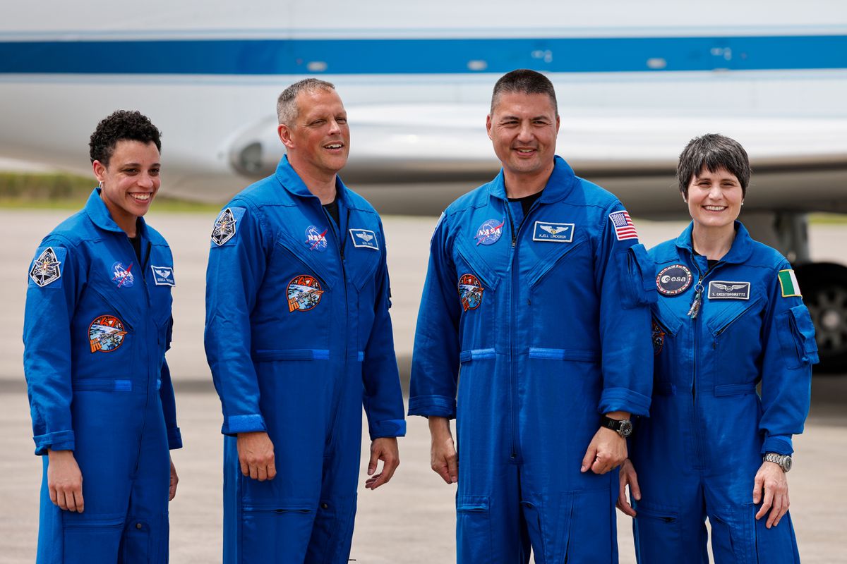 File Photo: NASA astronauts Kjell Lindgren, Robert Hines, and Jessica Watkins, and European Space Agency astronaut Samantha Cristoforetti of Italy pose for a picture ahead of their scheduled launch on the Crew Dragon spacecraft to begin a six-month expedition on the International Space Station, at Cape Canaveral, Florida, US, April 18, 2022. (REUTERS/Joe Skipper)