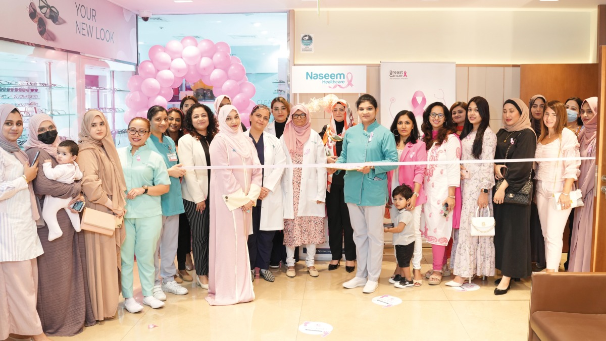 Dr Zeba Iqbal, Dr Hajira Fathima and Dr Najmath Beegumi inaugurating the Breast Cancer Awareness Booth at Naseem Medical Centre, C Ring Road, Doha. 