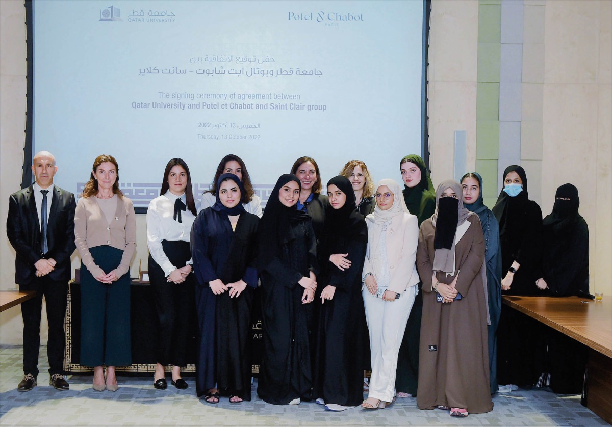 Qatar University (QU) and Potel et Chabot and Saint Clair officials after the MoU was signed by QU’s Dean of the College of Health Sciences Dr. Hanan Abdul Rahim and Head of Operations of Potel et Chabot Aurélie Ben Ghalia.