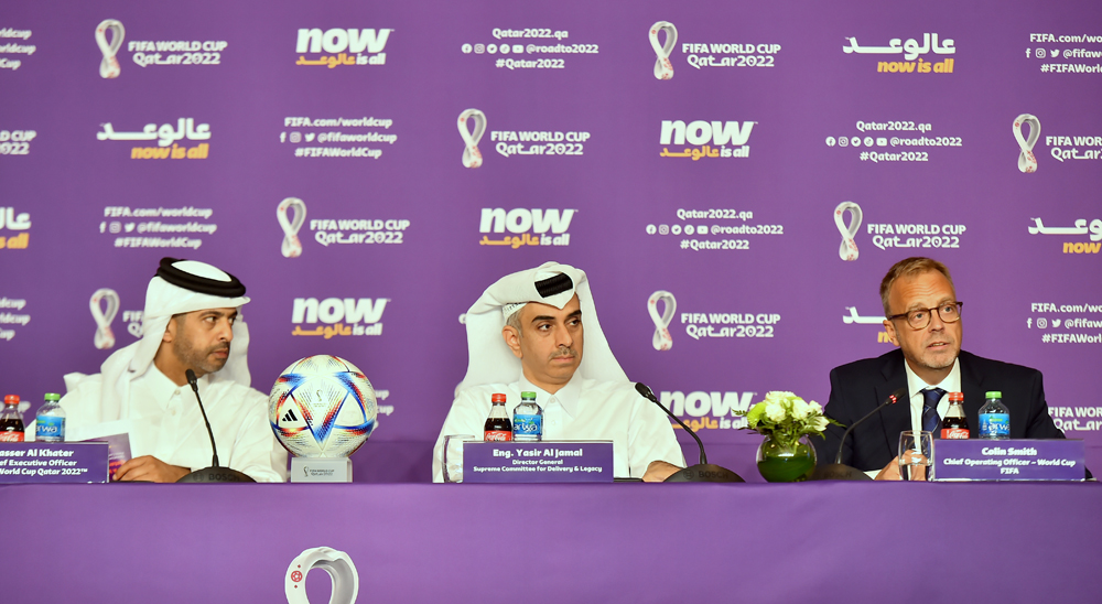 FROM LEFT: Nasser Al Khater, Chief Executive Officer of FIFA World Cup Qatar 2022 LLC; Eng. Yasir Al Jamal, Director General of Supreme Committee for Delivery & Legacy; and Colin Smith, Chief Operating Officer FIFA World Cup during the press conference yesterday. PIC: Abdul Basit 