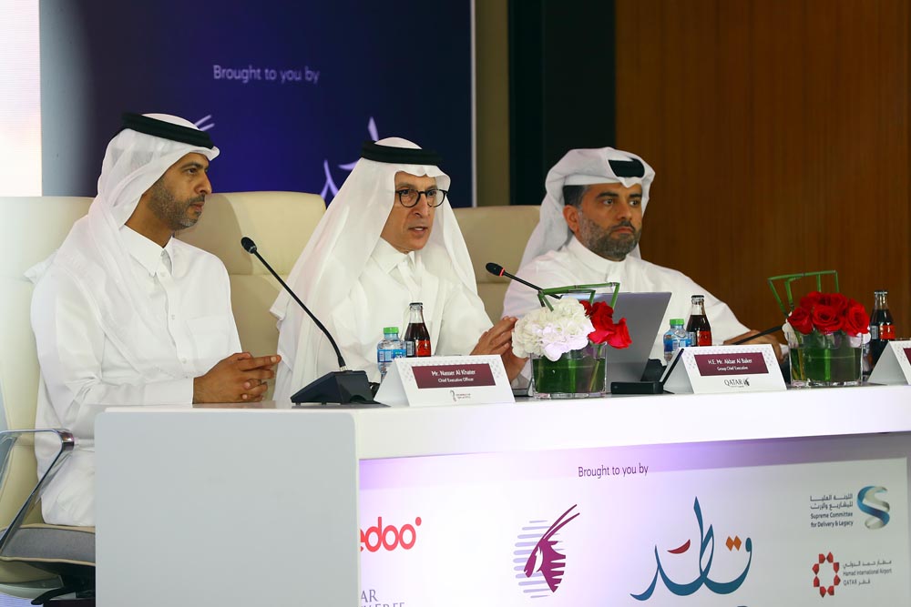 From left: Chief Executive Officer of FIFA World Cup Qatar 2022 Nasser Al Khater, Qatar Airways Group Chief Executive and Qatar Tourism Chairman H E Akbar Al Baker, and MATAR Chief Operating Officer Engr. Badr Al Meer during a press conference announcing the entertainment events yesterday.  Pic: Mohamed Farg