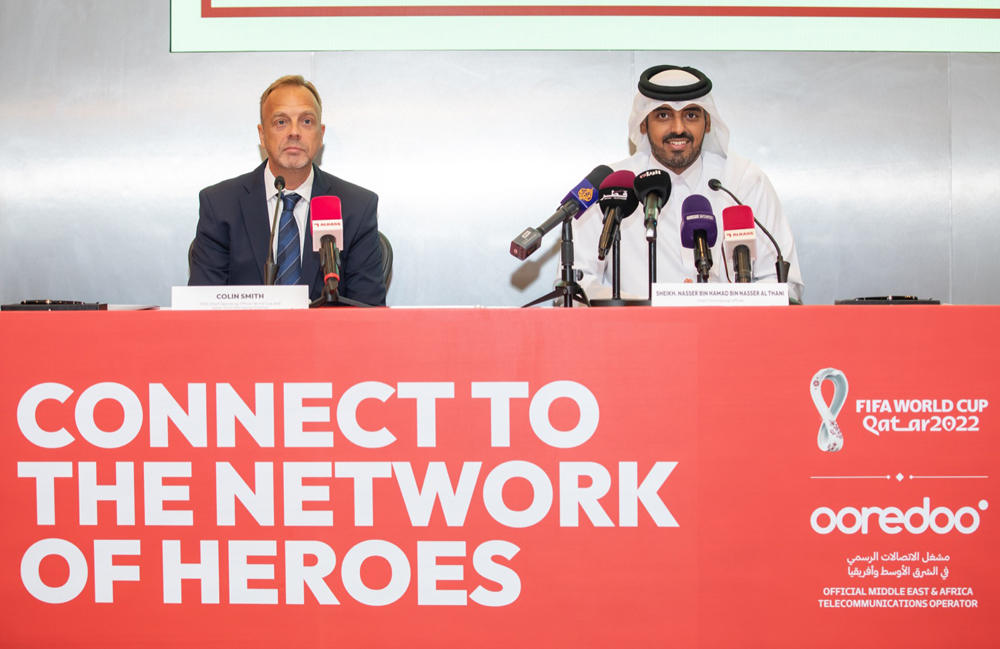 Sheikh Nasser bin Hamad bin Nasser Al Thani (right), Chief Commercial Officer at Ooredoo with Colin Smith, FIFA Chief Operating Officer World Cup, during the press conference, yesterday.