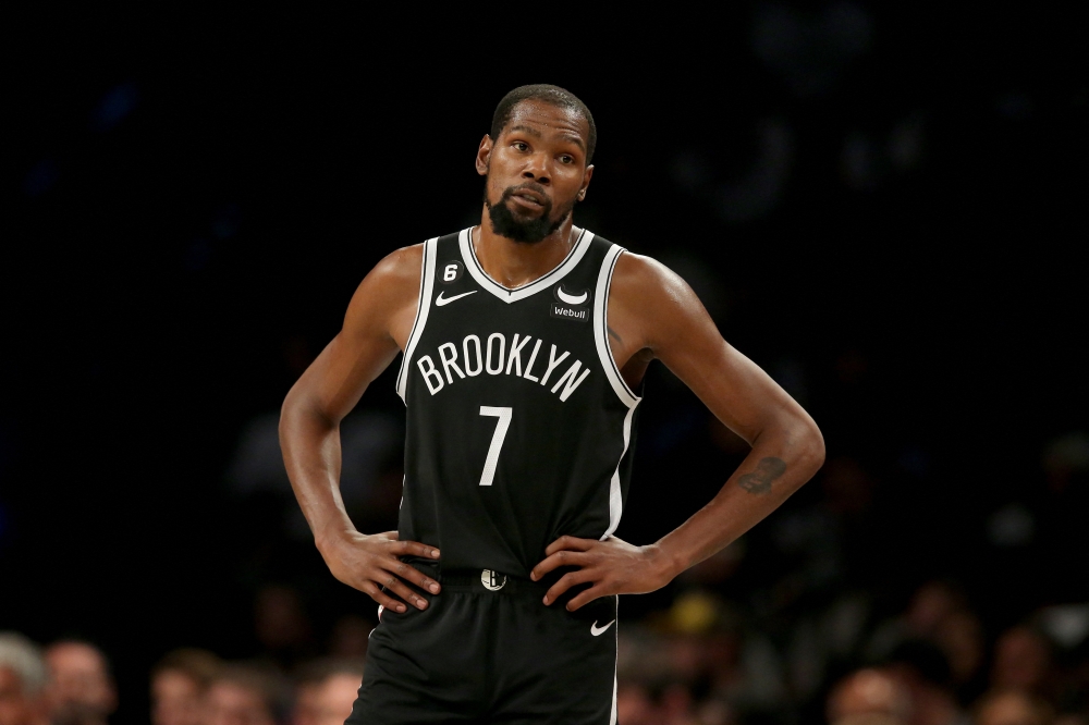 Brooklyn Nets forward Kevin Durant (7) reacts during the third quarter against the New Orleans Pelicans at Barclays Center  in Brooklyn, New York, on October 19, 2022. Mandatory Credit: Brad Penner-USA TODAY Sports