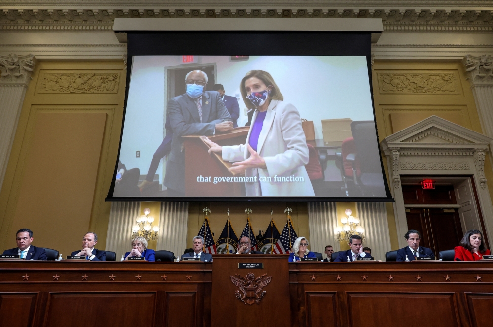 A video of US Speaker of the House Nancy Pelosi (D-CA) is played during a public hearing of the US House Select Committee to investigate the January 6 Attack on the US Capitol, on Capitol Hill in Washington, US, on October 13, 2022. Alex Wong/Pool via REUTERS/File Photo