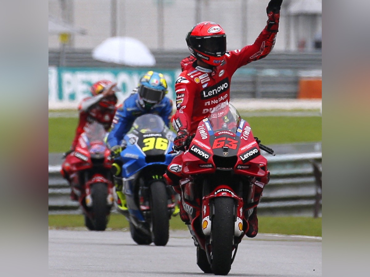 Ducati Lenovo’s Francesco Bagnaia celebrates after winning the Malaysian Grand Prix. 