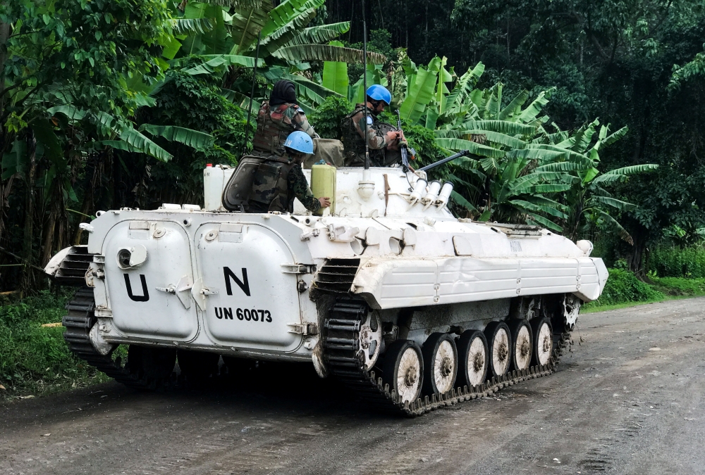 United Nations Organization Stabilisation Mission in the Democratic Republic of the Congo (MONUSCO) peacekeepers patrol areas affected by the recent attacks by M23 rebels fighters near Rangira in North Kivu in the east of the Democratic Republic of Congo, on March 29, 2022.  File Photo / Reuters
