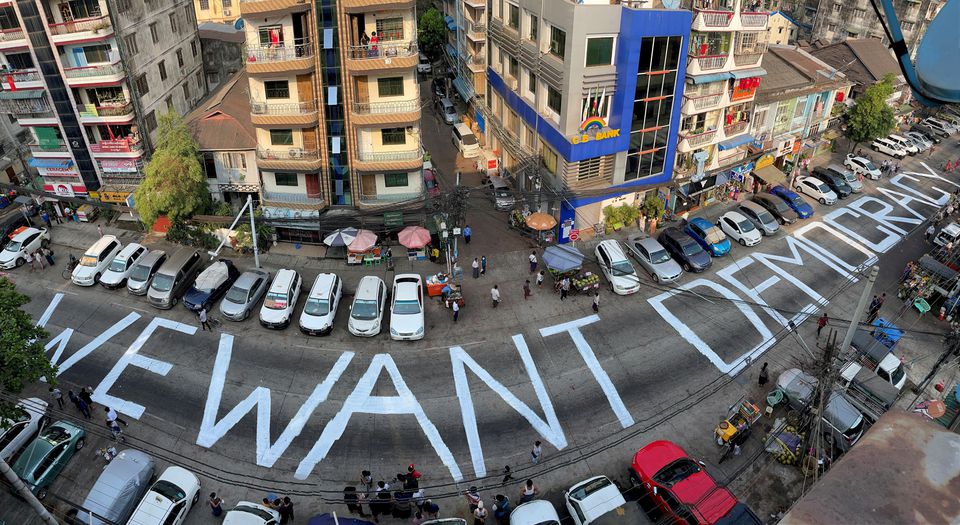 A slogan is written on a street as a protest after the coup in Yangon, Myanmar, on February 21, 2021. Picture taken with iPhone panoramic mode. File Photo / Reuters 