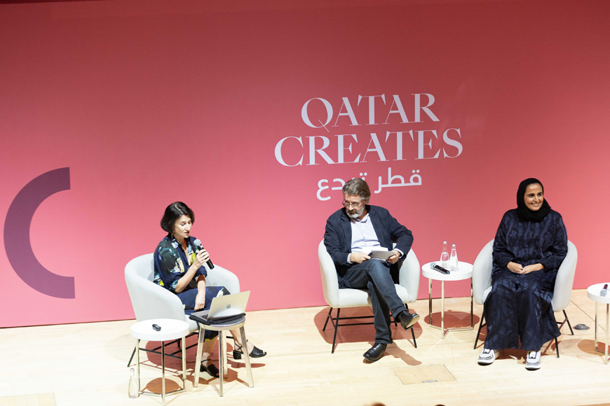 H E Sheikha Al Mayassa bint Hamad Al Thani, Olafur Eliasson and Roslyn Sulcas at a public discussion.