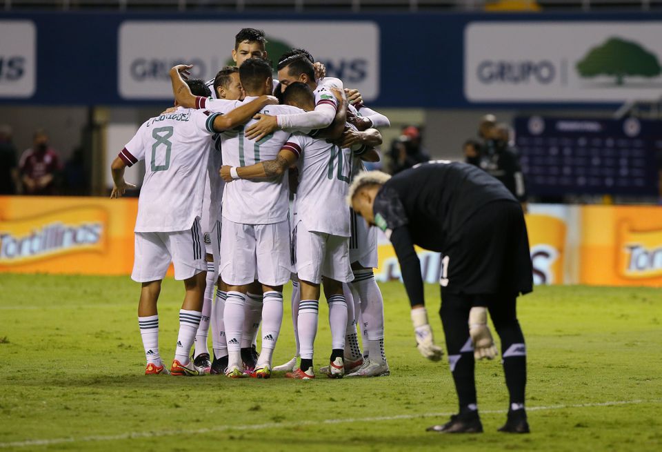 Mexico's Orbelin Pineda celebrates scoring their first goal with teammates during the World Cup CONCACAF Qualifiers match against Costa Rica at the Estadio Nacional de Costa Rica, San Jose, Costa Rica, on September 5, 2021.   File Photo / Reuters
