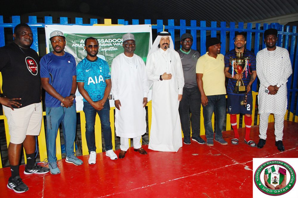 Ambassador of Nigeria to Qatar, H E Yakubu Abdullahi Ahmed (fourth left), Walking Football Qatar President Farhan Al Sheikh Al Sayed (centre), NIDO-Qatar President Ajibade Lateef (fourth right), Farouk Wase (first right) with the winning team captain and other officials during the event. 