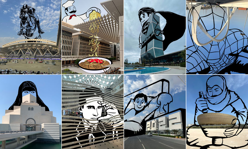 Jaber Henzab's artwork depicted on popular landmarks in Qatar (clockwise from top-left): Indoor arena at Al Shaqab, Msheireb Downtown, Zig Zag tower, 5/6 Interchange, Lusail Stadium, 2022 Building, Place Vendome, and Museum of Islamic Art. Photo courtesy of Jaber Henzab