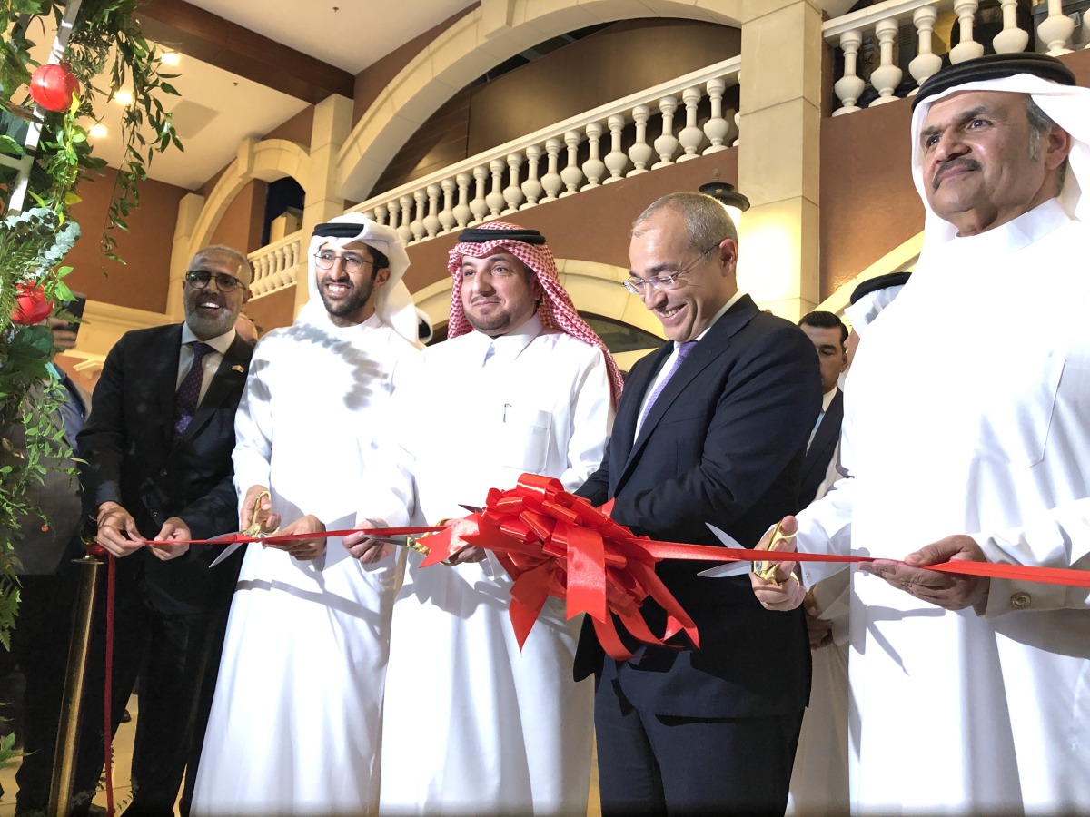 Minister of Economy of the Republic of Azerbaijan H E Mikayil Jabbarov (second right), President, Chief Executive Officer and Member of the Board at UDC Ibrahim Jassim Al Othman (first right) along with other officials inaugrating Azerbaijan Trade House, yesterday.