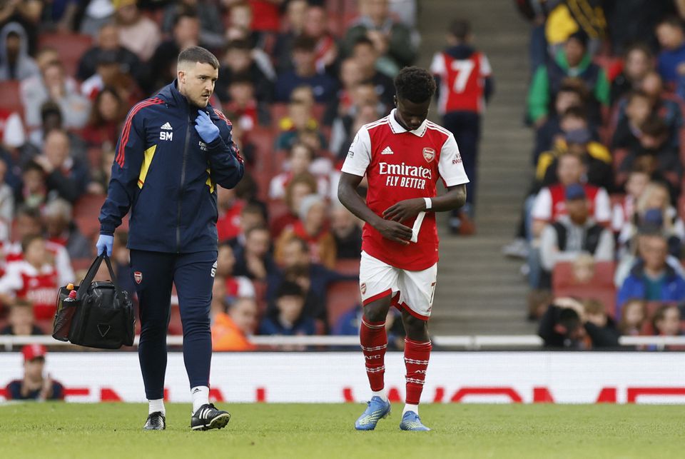 Arsenal's Bukayo Saka is substituted after sustaining an injury during the EPL match against Nottingham Forest at the Emirates Stadium, London, on October 30, 2022.  Action Images via Reuters/Peter Cziborra





