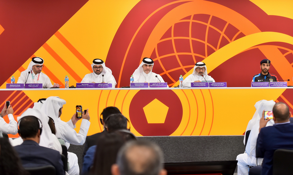 FROM LEFT: Mohamed Al Khanji, Local & Regional Media Expert; Eng. Ali Al Ali, Deputy Director-General - Event Operations; Khalid Al Mawlawi, Deputy Director-General Marketing, Communications & Event Experience at SC; Dr. Yousuf Al Maslamani, Official Healthcare Spokesperson for the FIFA World Cup Qatar 2022; and Colonel Dr. Jabr Hammoud Jabr Al Nuaimi, Official Spokesperson for the Ministry of Interior & Safety and Security Operations Committee during the press conference yesterday. 
Pic: Abdul Basit 