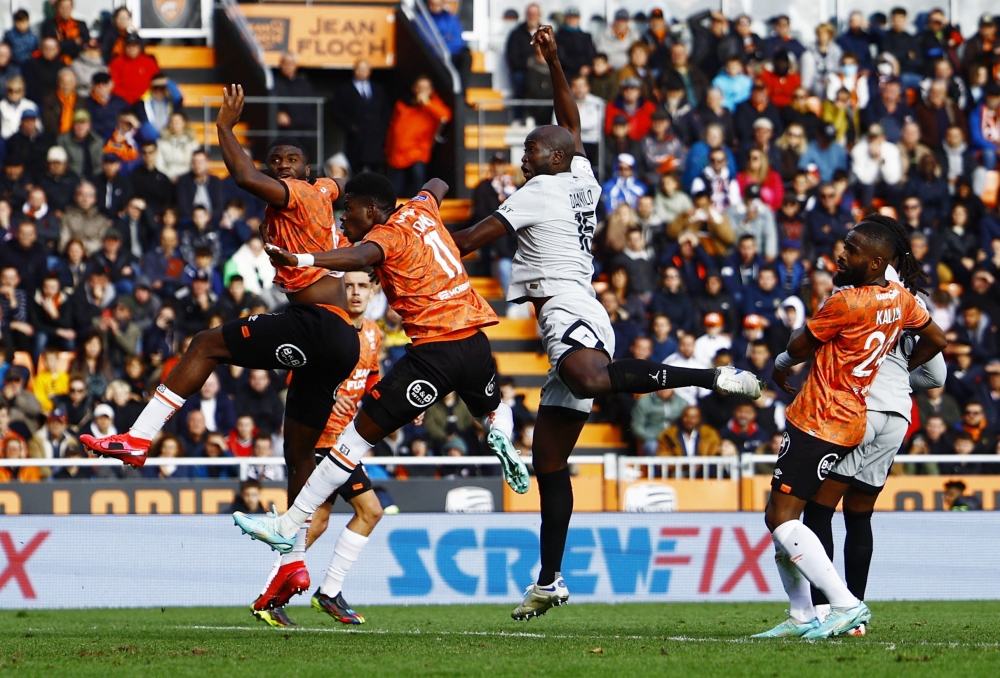 Paris St Germain's Danilo Pereira scores their second goal during Ligue 1 match against Lorient at Stade du Moustoir, Lorient, France, on November 6, 2022.  REUTERS/Stephane Mahe