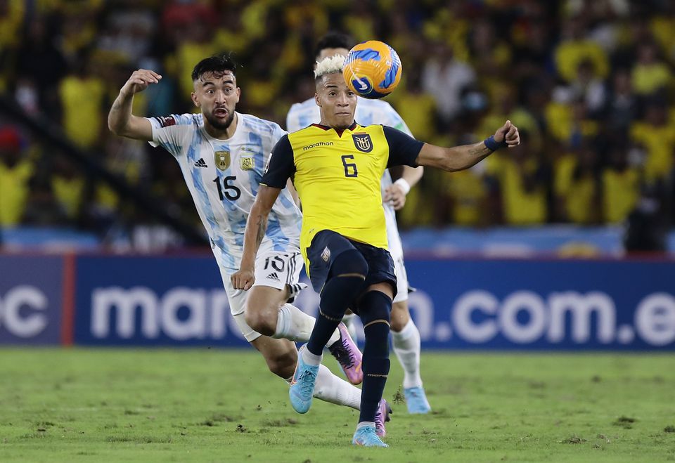 Ecuador's Byron Castillo in action with Argentina's Nicolas Gonzalez during their South American Qualifiers at the Estadio Monumental Banco Pichincha, Guayaquil, Ecuador, on March 29, 2022.  File Photo / Reuters
