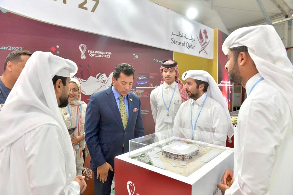 Minister of Youth and Sports of Egypt H E Dr. Ashraf Sobhy (centre) visiting Qatar's pavilion at COP27 in Sharm El Sheikh, Egypt. 