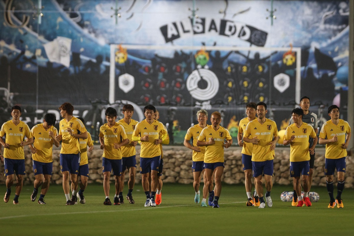 Japan players in action during a training session at Al Sadd Sports Club, yesterday. AFP