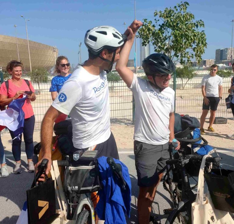 Mehdi Balamissa and Gabriel Martin at the Lusail QNB metro station cycling track on Thursday.