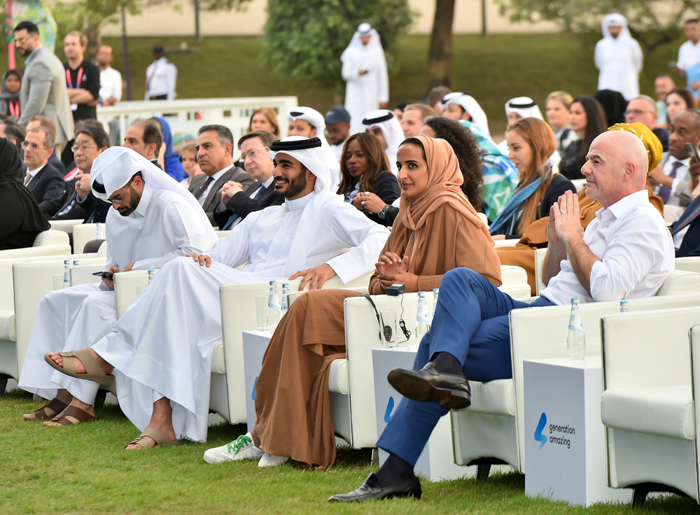 Chairperson and CEO of Qatar Foundation H E Sheikha Hind bint Hamad Al Thani (second right), H E Sheikh Mohammed bin Hamad bin Khalifa Al Thani (third right), FIFA President Gianni Infantino (first right), and Secretary-General of the Supreme Committee for Delivery & Legacy Hassan Al Thawadi (fourth right), during the opening of the Youth Festival.  Pic: Abdul Basit