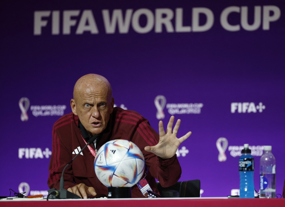 Chairman of the FIFA referees committee, Pierluigi Collina during the Referees Media Briefing at the Main Media Center in Doha, Qatar, on November 18, 2022.  REUTERS/John Sibley