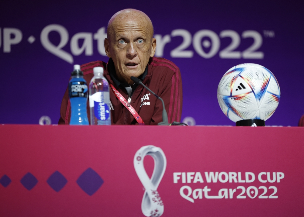 Chairman of the FIFA referees committee, Pierluigi Collina during the FIFA World Cup Qatar 2022 referees media briefing at the Main Media Center, Doha, on November 18, 2022. 
REUTERS/John Sibley