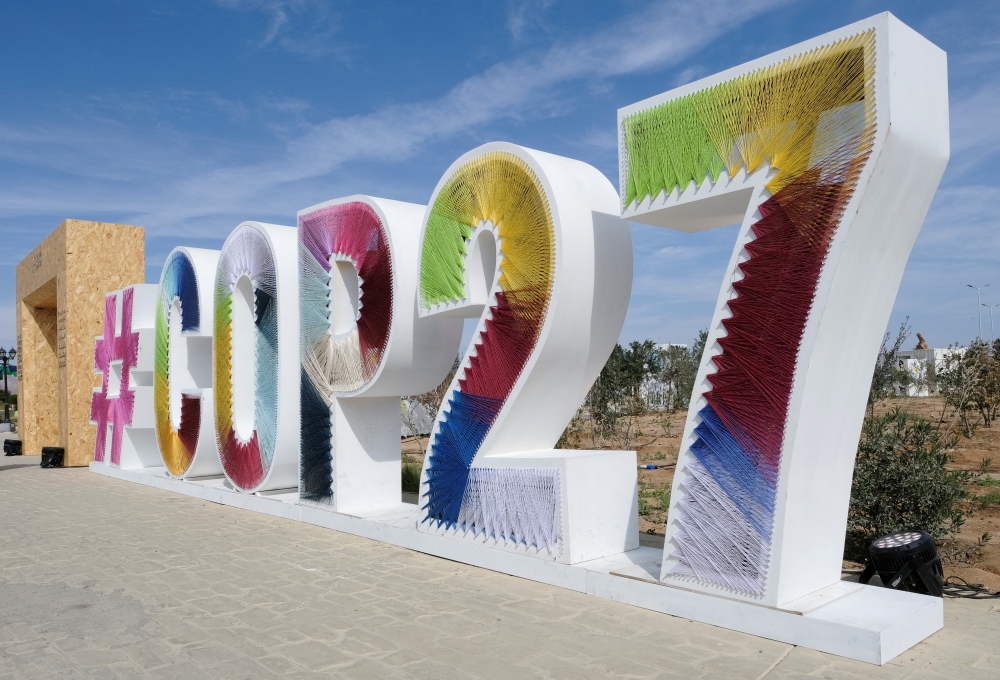 COP27 sign is seen at the Green Zone at the UN climate summit in Red Sea resort of Sharm el-Sheikh, Egypt, November 17, 2022. REUTERS/Emilie Madi