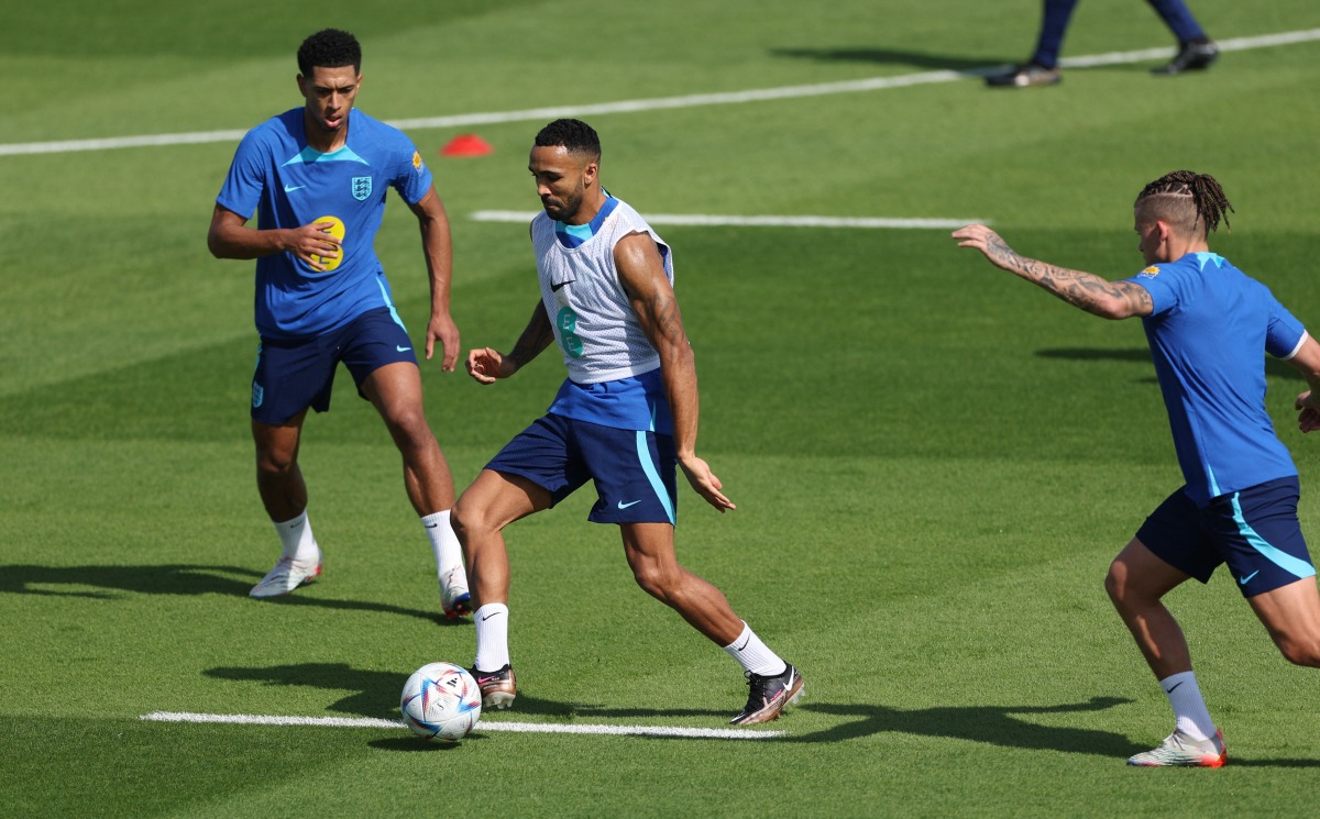 England’s Jude Bellingham (left) with Callum Wilson and Kalvin Phillips during a training session. Reuters