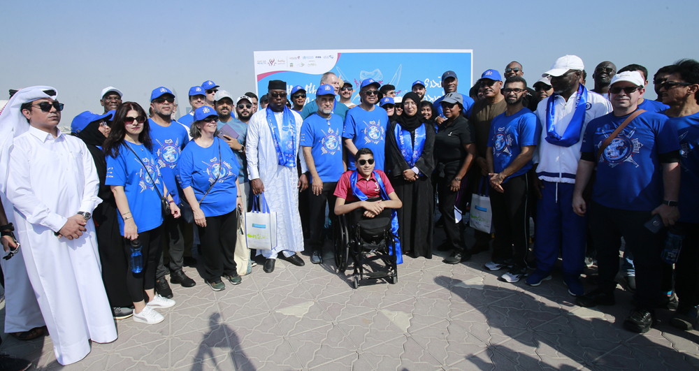 Minister of Public Health H E Dr. Hanan Mohamed Al Kuwari; Director General of WHO Dr. Tedros Adhanom Ghebreyesus; Secretary General of Supreme Committee for Delivery and Legacy Hassan Al Thawadi; and other officials and participants at 'Walk the Talk: Health for All Challenge' in Doha yesterday. PIC: Rajan Vadakkemuriyil