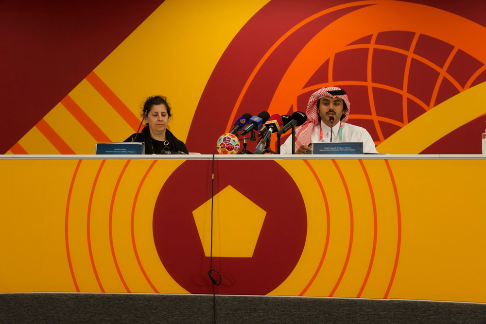 Head of Advocacy at EAA Mubarak Al Thani (right) and Executive Director, Protect Education in Insecurity and Conflict at EAA, Dr. Maleiha Malik during the press conference, yesterday. 