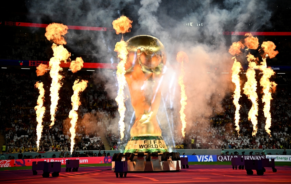 A giant replica of World Cup trophy inside Al Bayt Stadium during the opening ceremony on November 20, 2022. (REUTERS/Dylan Martinez)