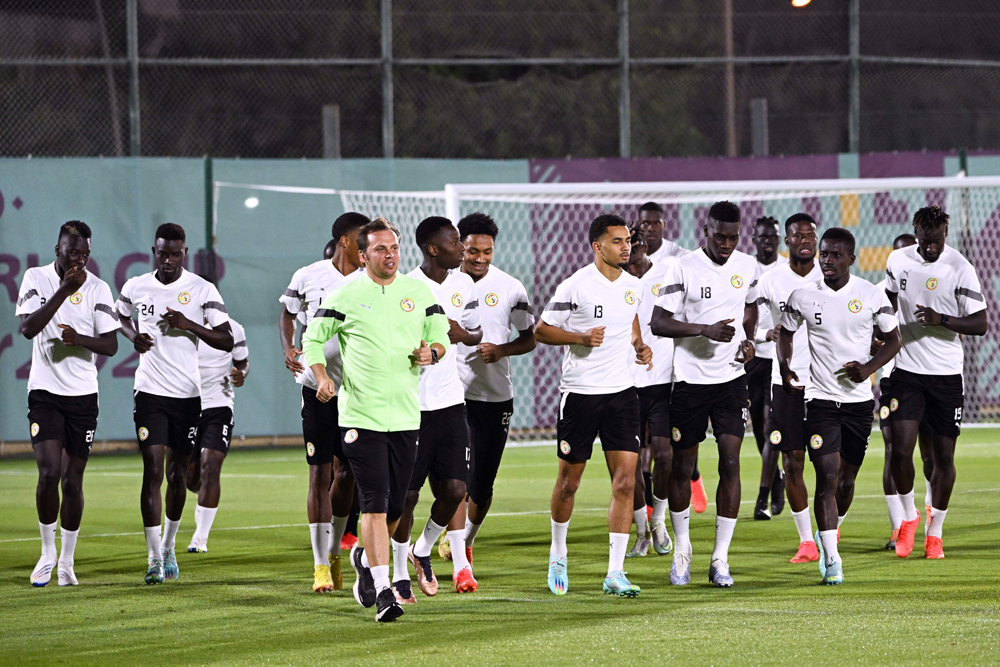 Senegal’s players take part in a training session at Al Duhail Sports Club. 