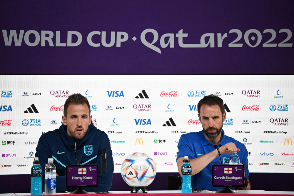 England’s forward Harry Kane (left) and manager Gareth Southgate during a press conference at the Qatar National Convention Centre, yesterday. AFP