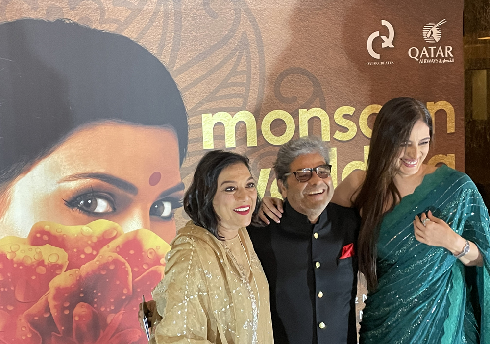 Mira Nair, Vishal Bhardwaj, and Tabbasum “Tabu” Fathima Hashmi during the Monsoon Wedding world premiere in Doha.