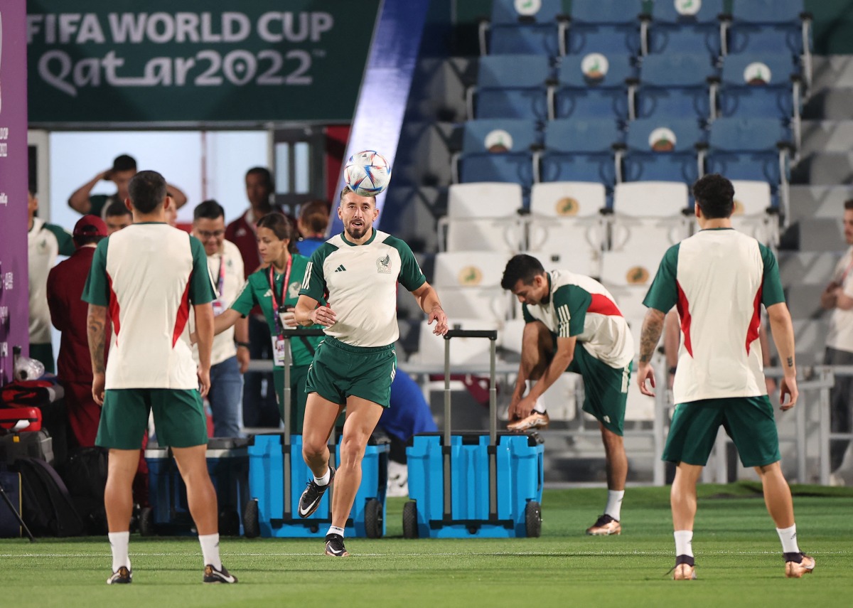 Mexico’s Hector Herrera and team-mates during a training session at the Al Khor SC Stadium in Al Khor yesterday. Reuters