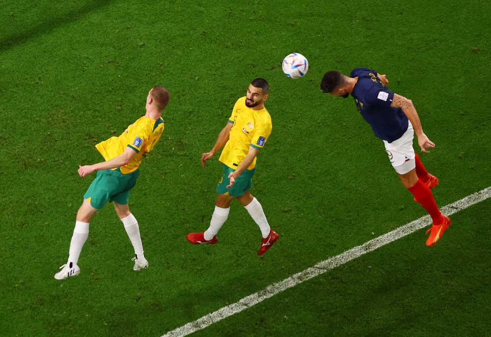 France's Olivier Giroud scores their fourth goal during the FIFA World Cup Qatar 2022 Group D match against Australia at the Al Janoub Stadium, Al Wakrah, on  November 22, 2022. REUTERS/Fabrizio Bensch