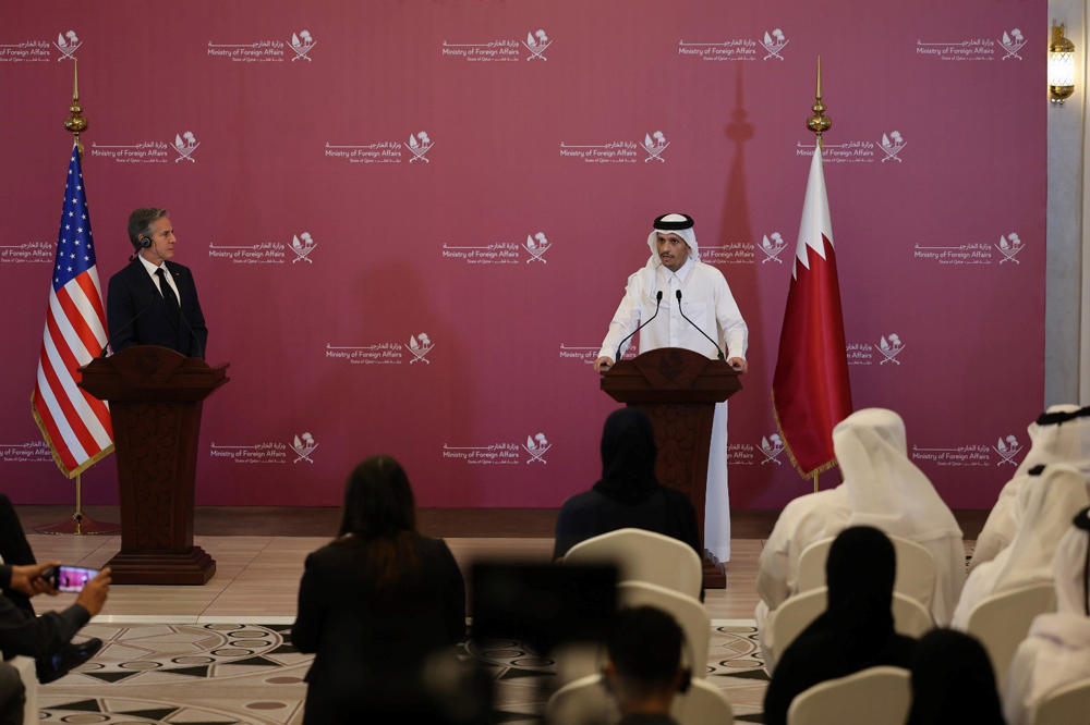 Deputy Prime Minister and Minister of Foreign Affairs H E Sheikh Mohammed bin Abdulrahman Al Thani addresses a joint press conference along with US Secretary of State H E Antony Blinken in Doha yesterday.  PIC: Mohamed Farag